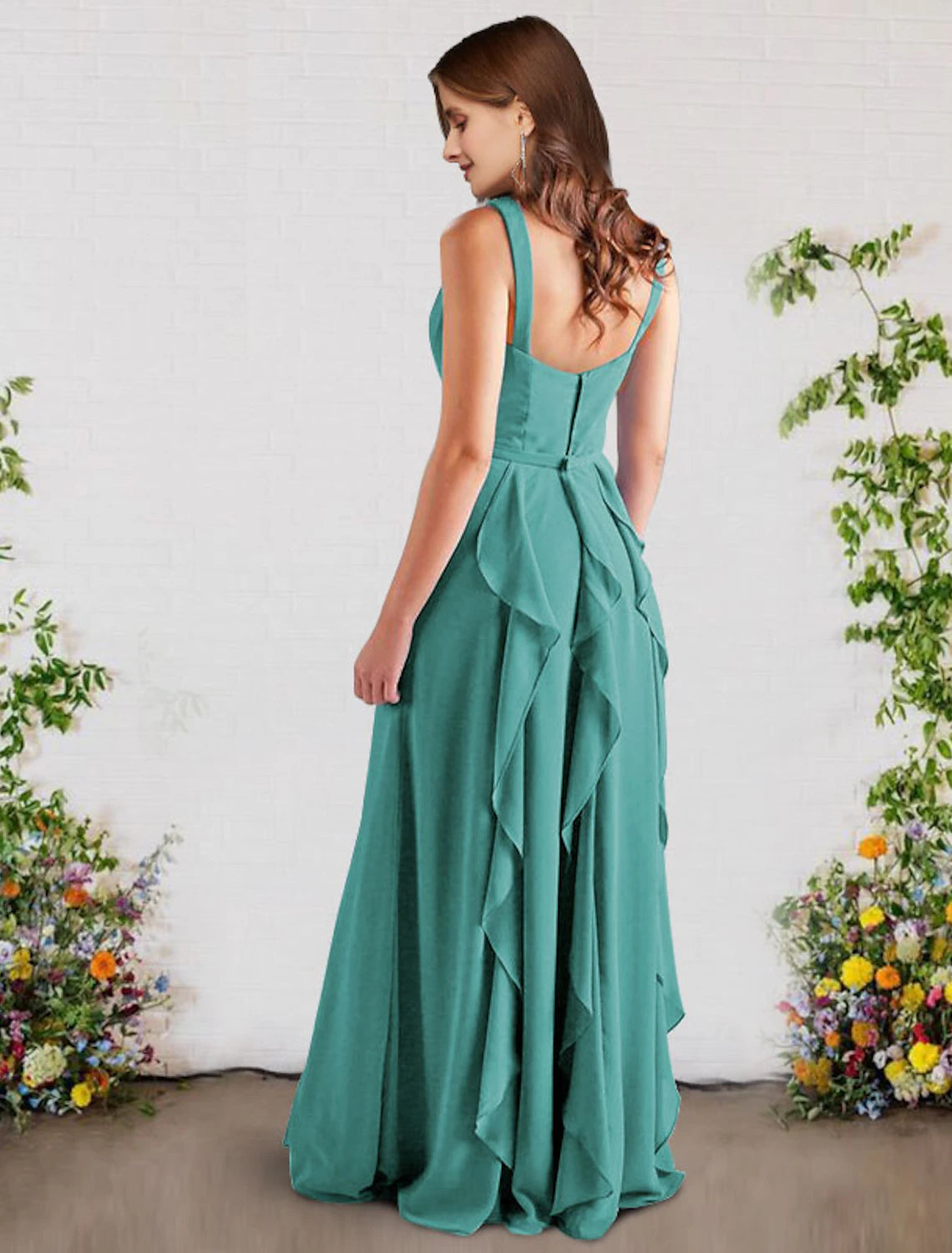 Abito da damigella d'onore a trapezio, elegante, senza maniche, in chiffon, lungo fino al pavimento, con scollo a V e volant